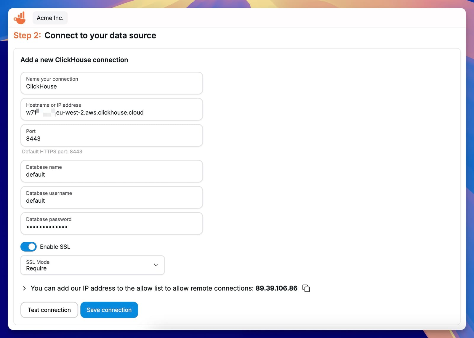 Настройки подключения ClickHouse в Chartbrew